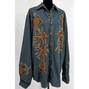 Martini Ranch Denim Embroider Shirt Large Floral Pearl Snap Relaxed Fit